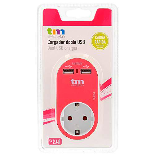 TM Electron TMUAD114P - Adaptador de corriente cargador con una toma de enchufe y 2 tomas USB, color rosa