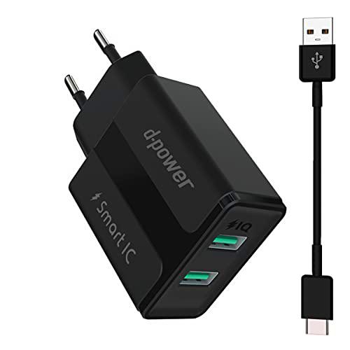 d-power - Cargador de Red con 2 Puertos USB y Cable USB Tipo C