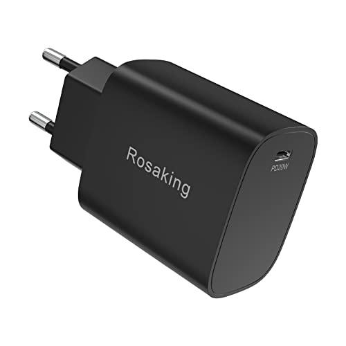 Rosaking Cargador Rápido USB C,Adaptador PD 20W,Cargador para iPhone 14 Pro/Pro Max/14 / Plus,13 Pro/Pro Max/mini/13,SE / 12 Pro / 12 Pro MAX/mini/12.11 Pro/Pro MAX,Negro (Sin Cable)