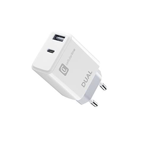 Cellularline | Caricabatterie da Rete | Caricabatterie da rete con 2 Porte USB e USB-C per la carica simultanea di Due dispositivi Apple