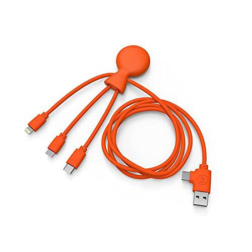 Xoopar - Mr Bio Long 1m - 4 en 1 Pulpo Naranja Cable Multi USB Cargador Universal Diseñado con Materiales Respetuosos con el Medio Ambiente enchufe USB Universal para Smartphone