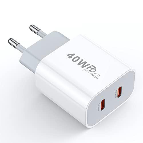Enchufe iPhone Carga Rapida 2 Puertos Cargador Rápido USB C de 20W PD 3.0 Adaptador de Corriente de Movil Universal Compatible con iPhone 14/14 Plus/14 Pro/14 Pro Max/13/12/11/XS/XS MAX/XR/X, iPad