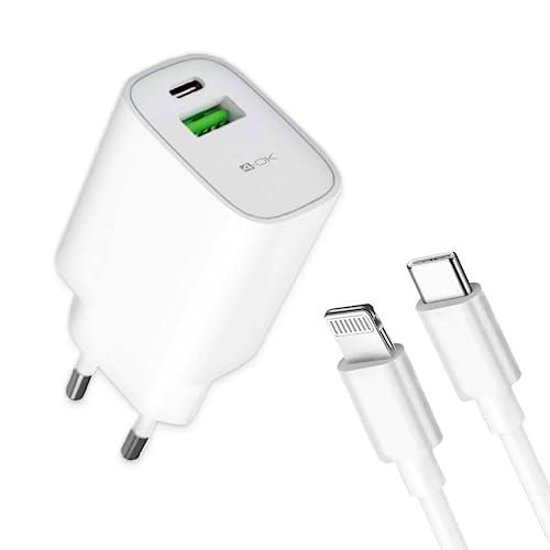 4-Ok Cargador de Pared 20w PD + 18 w qc Carga rápida 2 Puertos USB (Tipo c + USB) con Cable de Carga para iPhone 14/13 / 12