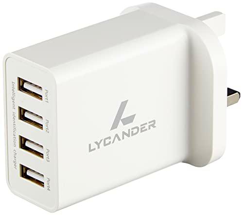 LYCANDER Cargador de pared USB con enchufe UK, 4 puertos 5A/25W